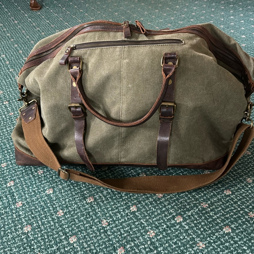 S-Zone Green Canvas and Brown leather duffel, weekender size.